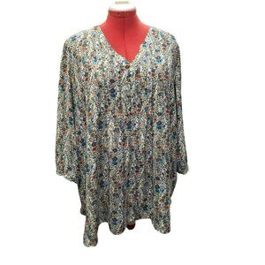 Rose + Olive Womens Blouse Plus 2X Fall Floral Boho Pleated Chiffon Peasant